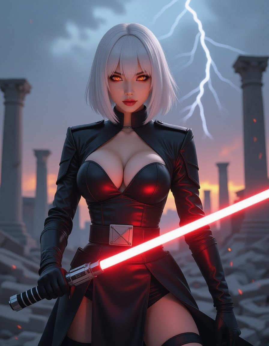 Asian Inquisitor with Lightsaber in Stormy Ruins