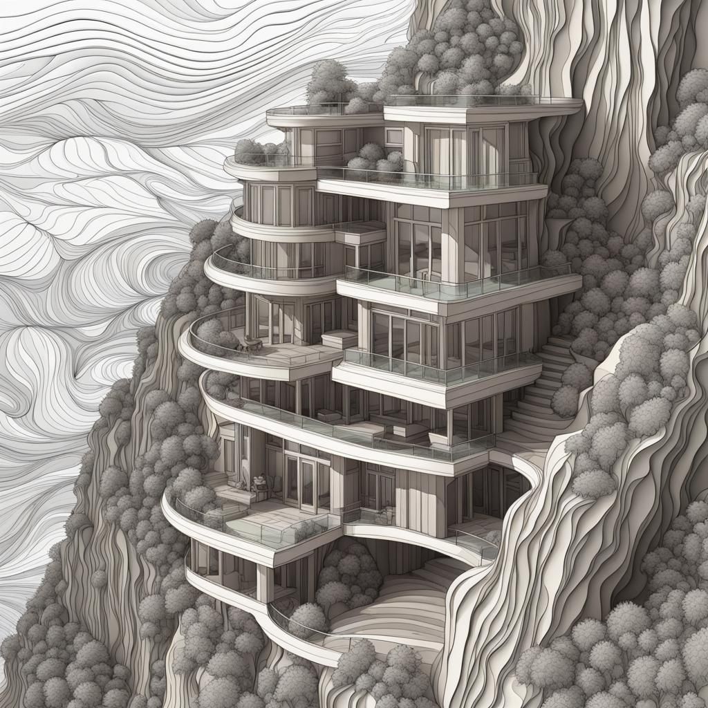 Cliffside Home with Abstract Fractal City View
