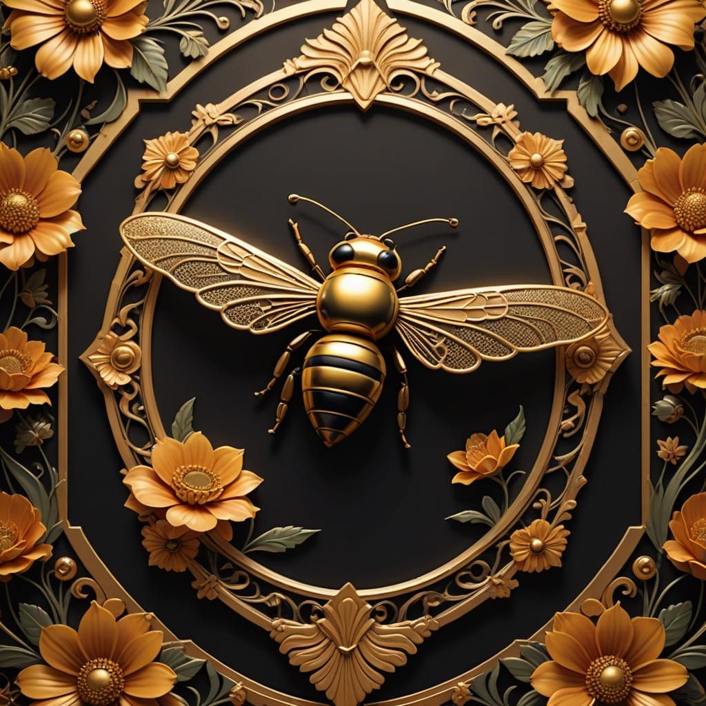 Elegant Bee in Flight Amidst Victorian Art Deco Elegance