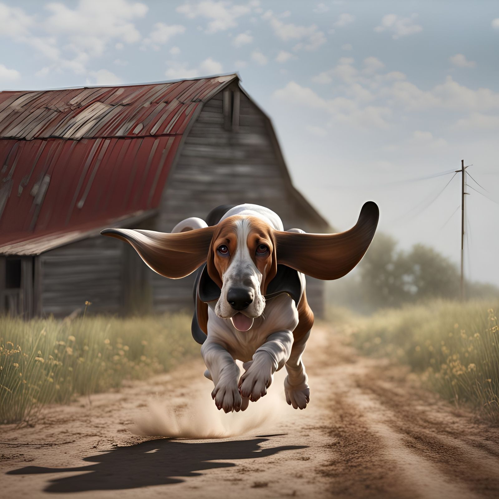Basset Hound Runs Down Country Road