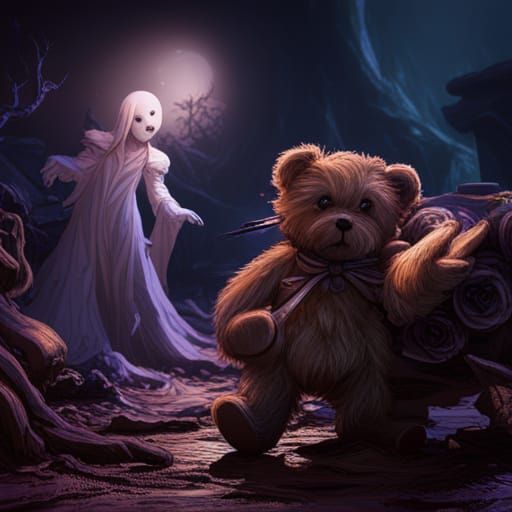 Eerie Ghosts' Teddy Bear Demise: Fantasy Concept Art