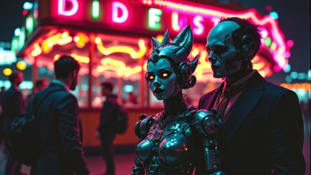 Automata Clowns in Cyberpunk Carnival at Midnight
