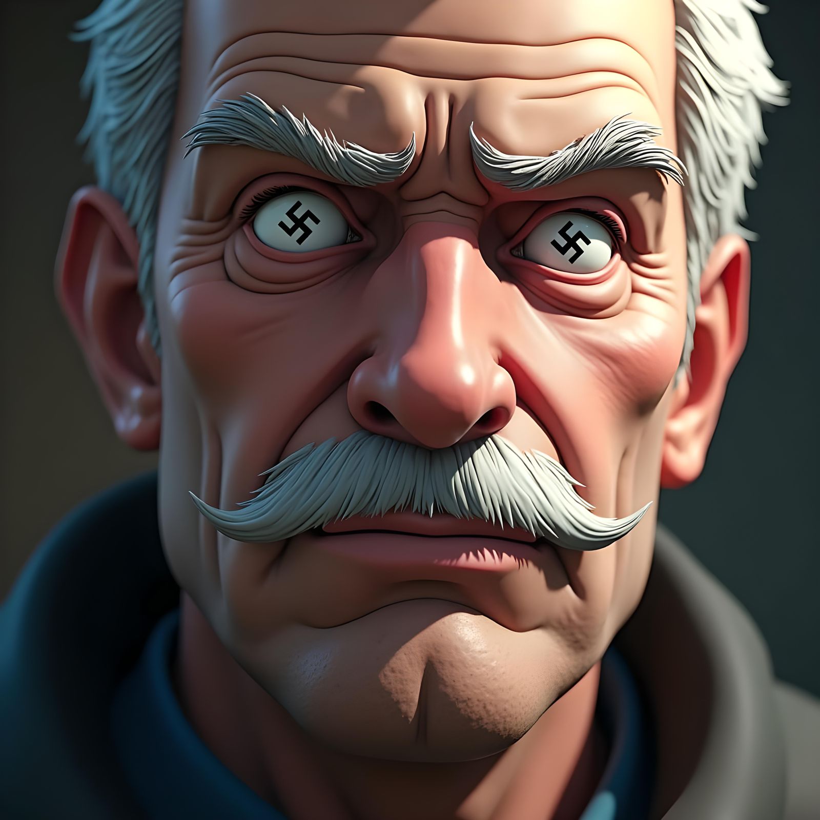Middle-Aged Man with Swastika Eyes in 3D Anime Style