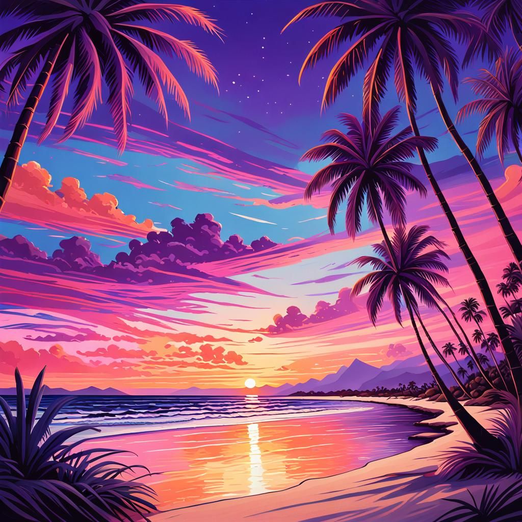 Sunset Beach Gouache Painting with Palm Trees