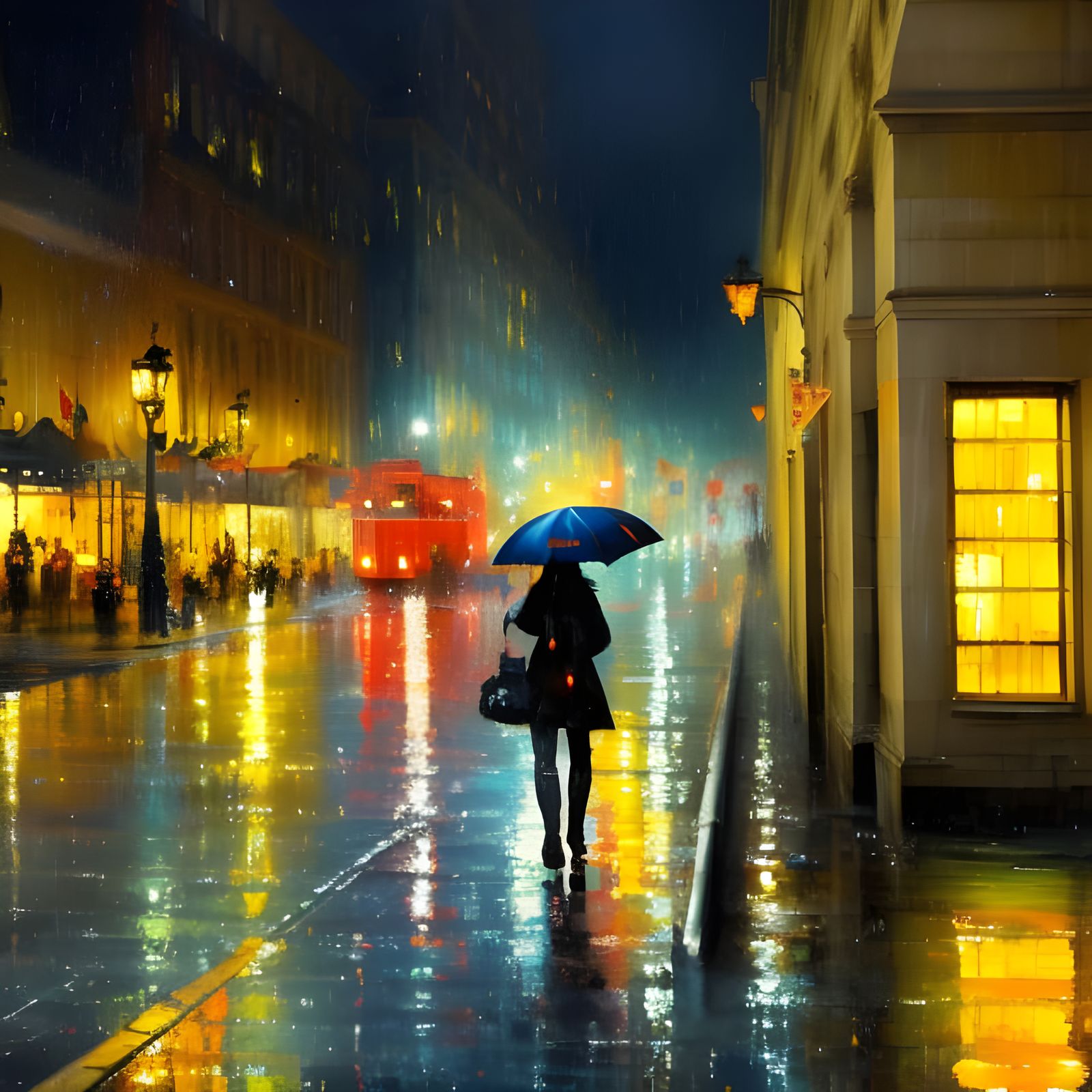 Girl with Yellow Umbrella in Rainy City: Gouache Style