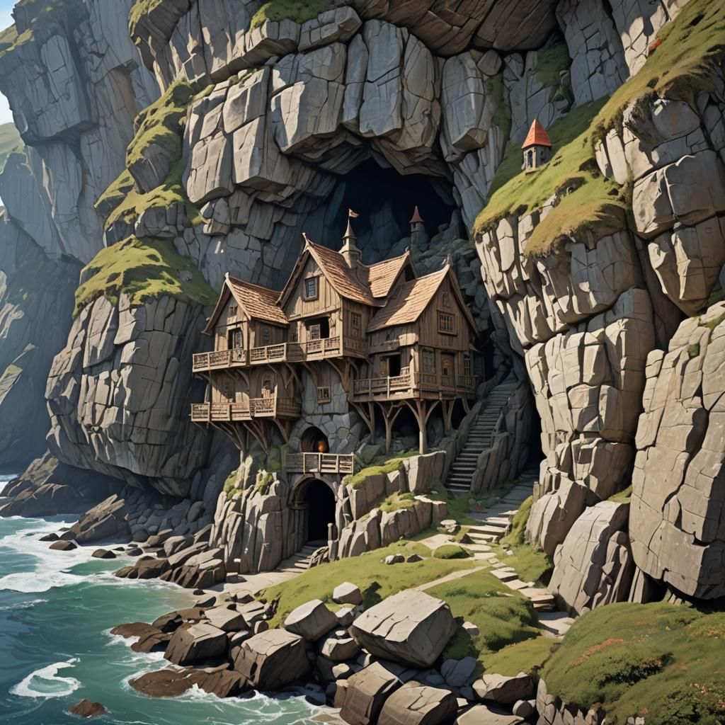 Gnomish Cliffside Hideout in High Fantasy Style