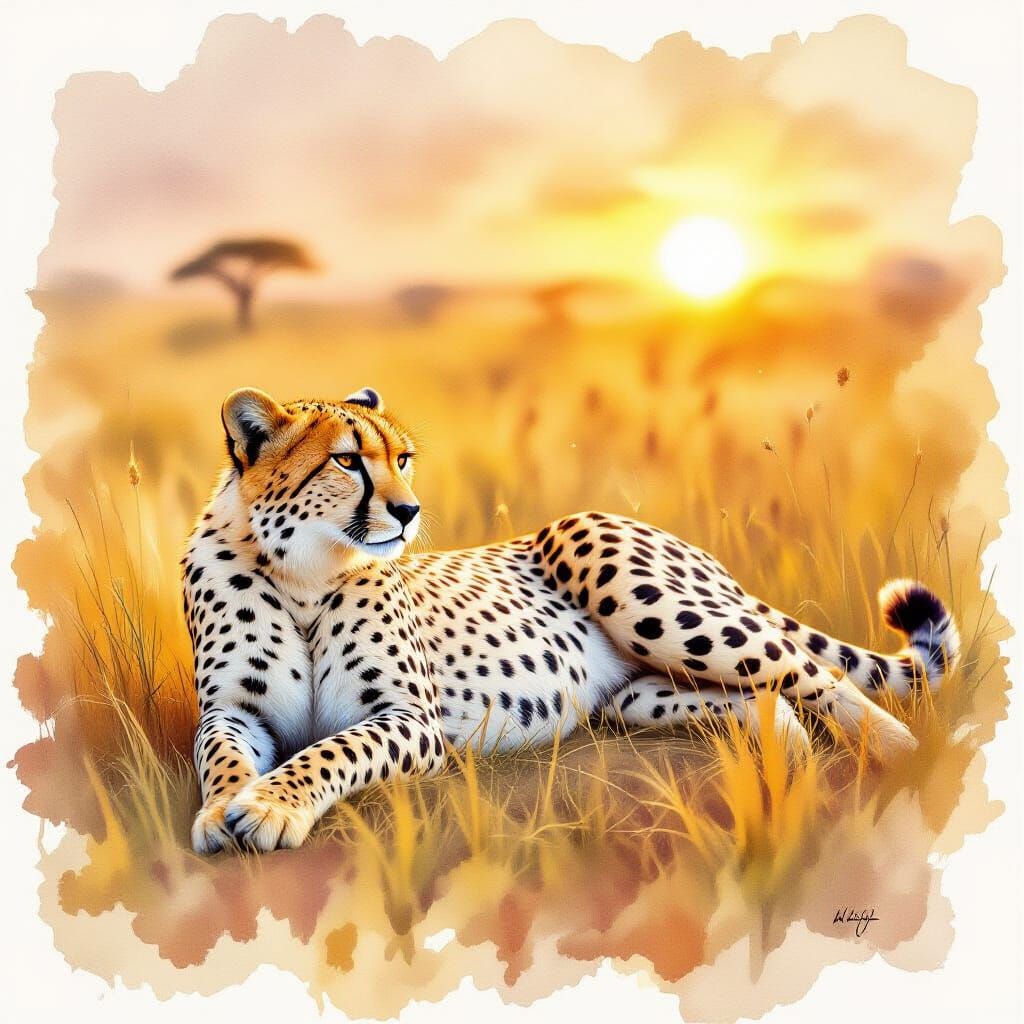 Cheetah on Savannah in Watercolor Style