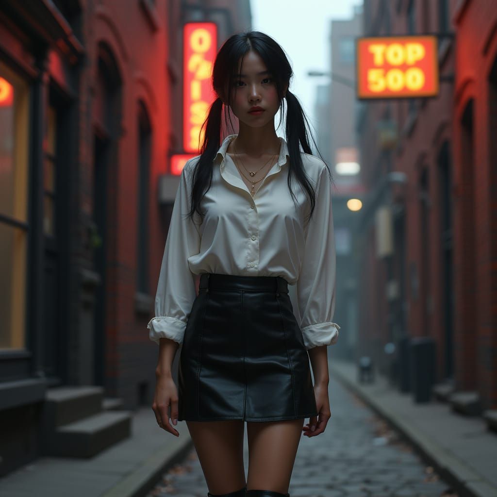 Hyper-Realistic Portrait of a Young Asian Woman Walking in B...