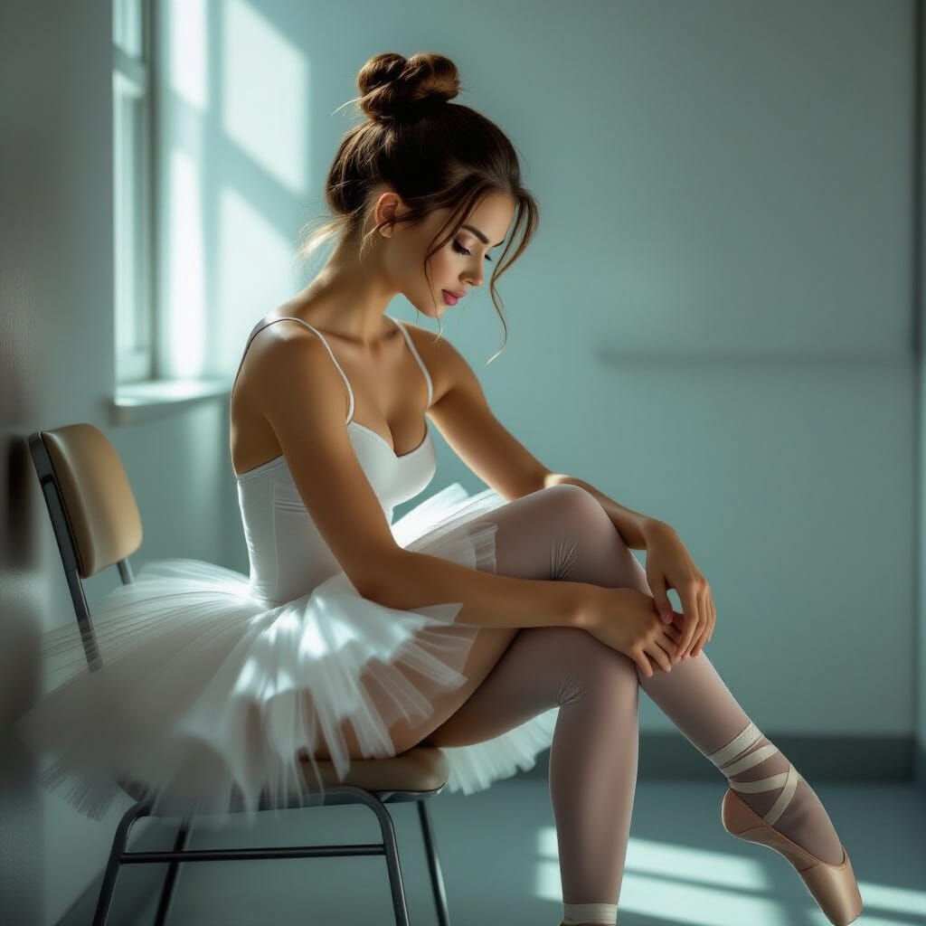 Ballerina Tying Shoe in Dressing Room, Fine Art Photography