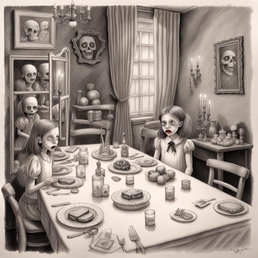 Black white and red, Pencil drawing, very detailed, the tabl...