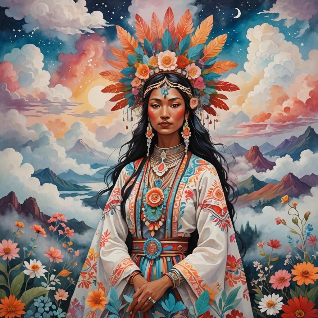 Fantasy Woman in Gouache Landscape, Studio Ghibli Style