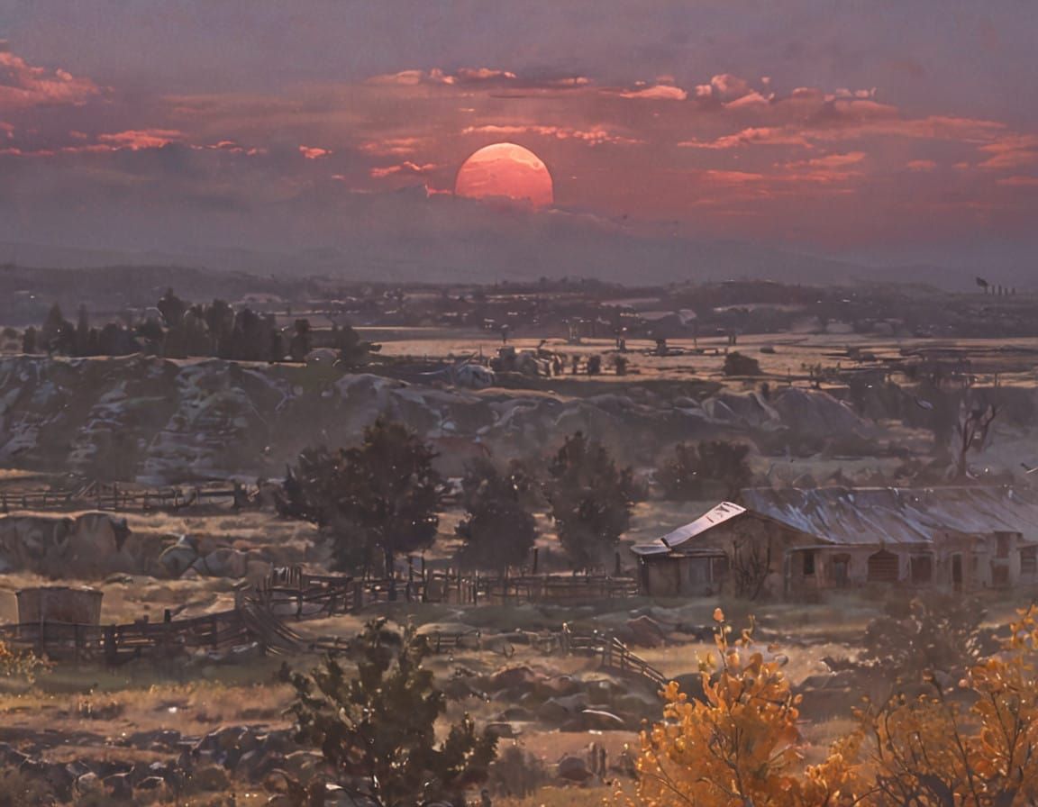 Mystical New Mexico Ranch at Dawn in Dark Fantasy Style