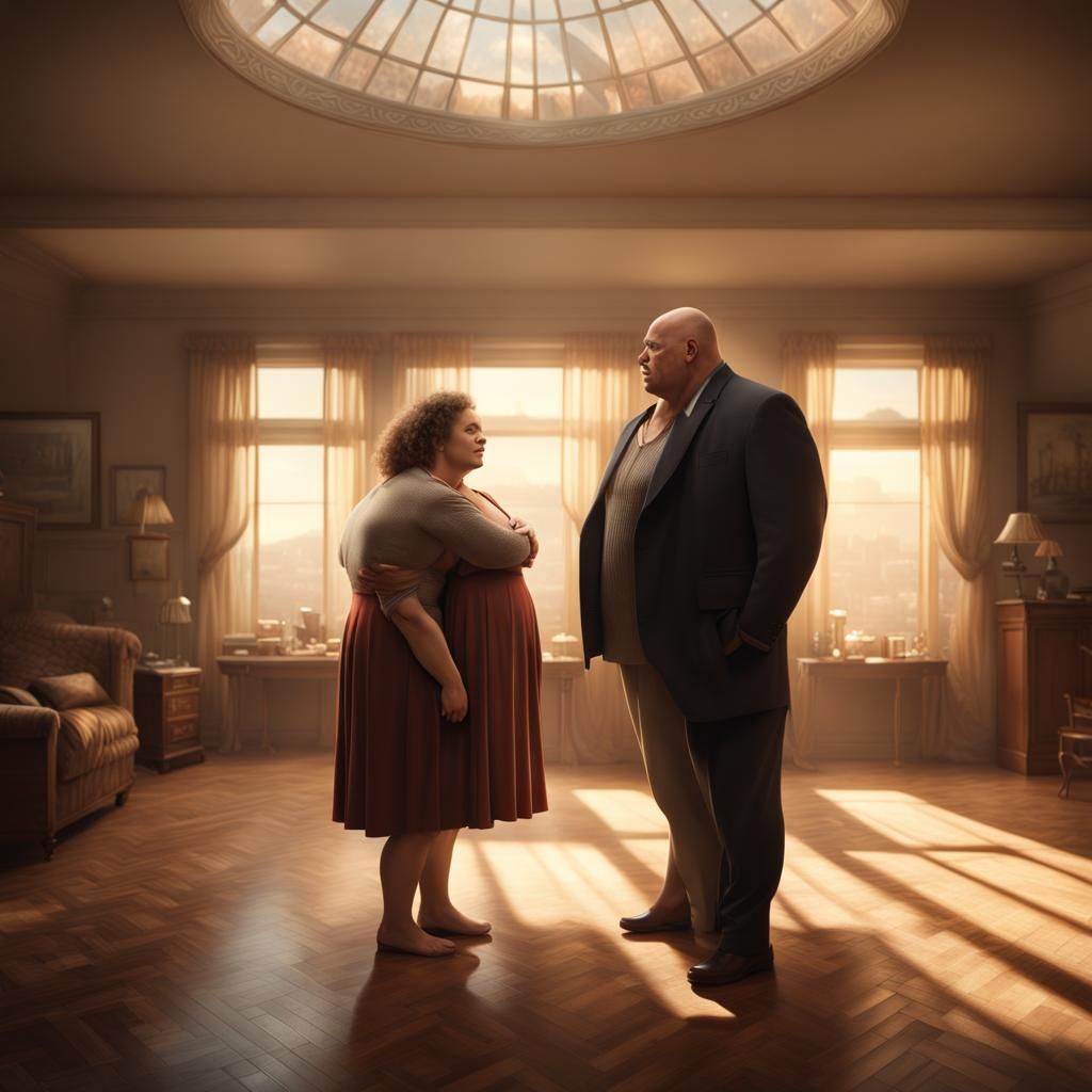 Overweight Couple in Apartment: Cinematic Digital Painting