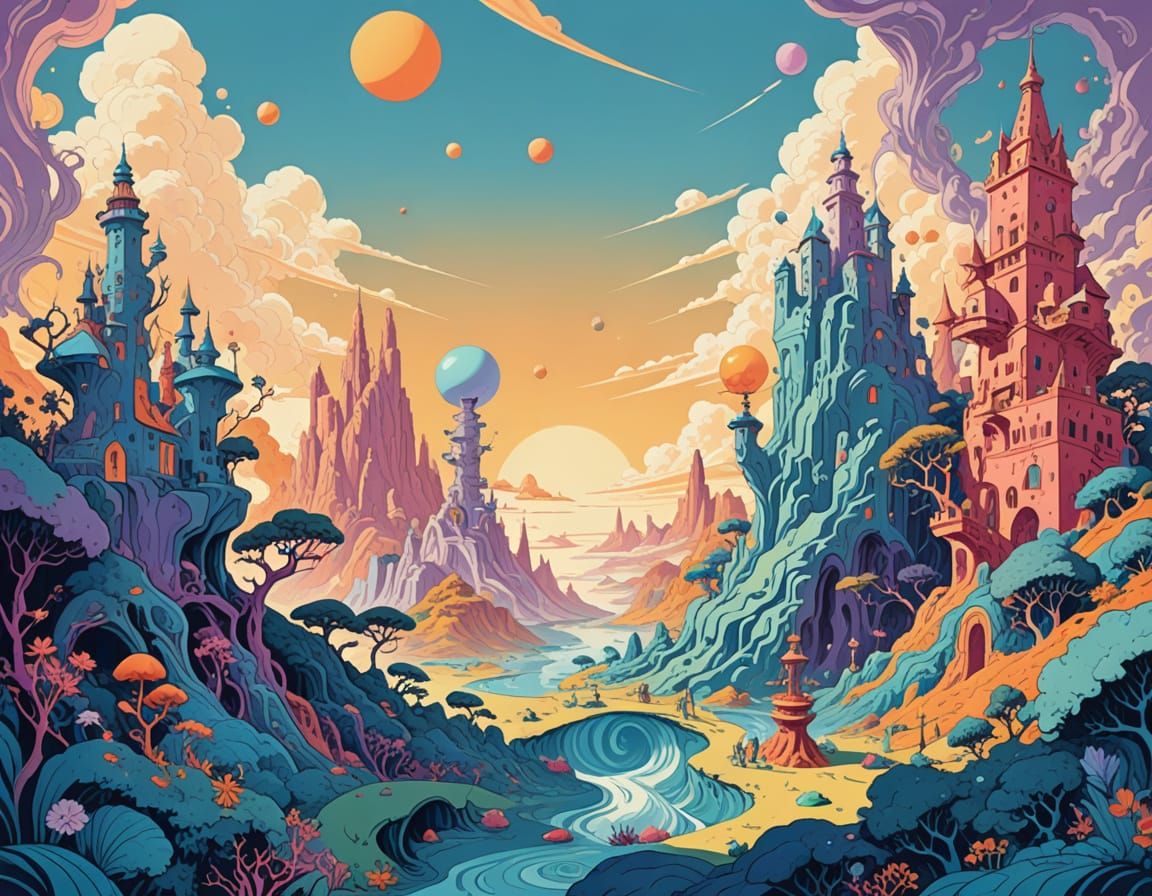 Surreal 2D Illustration of Impossible Architecture