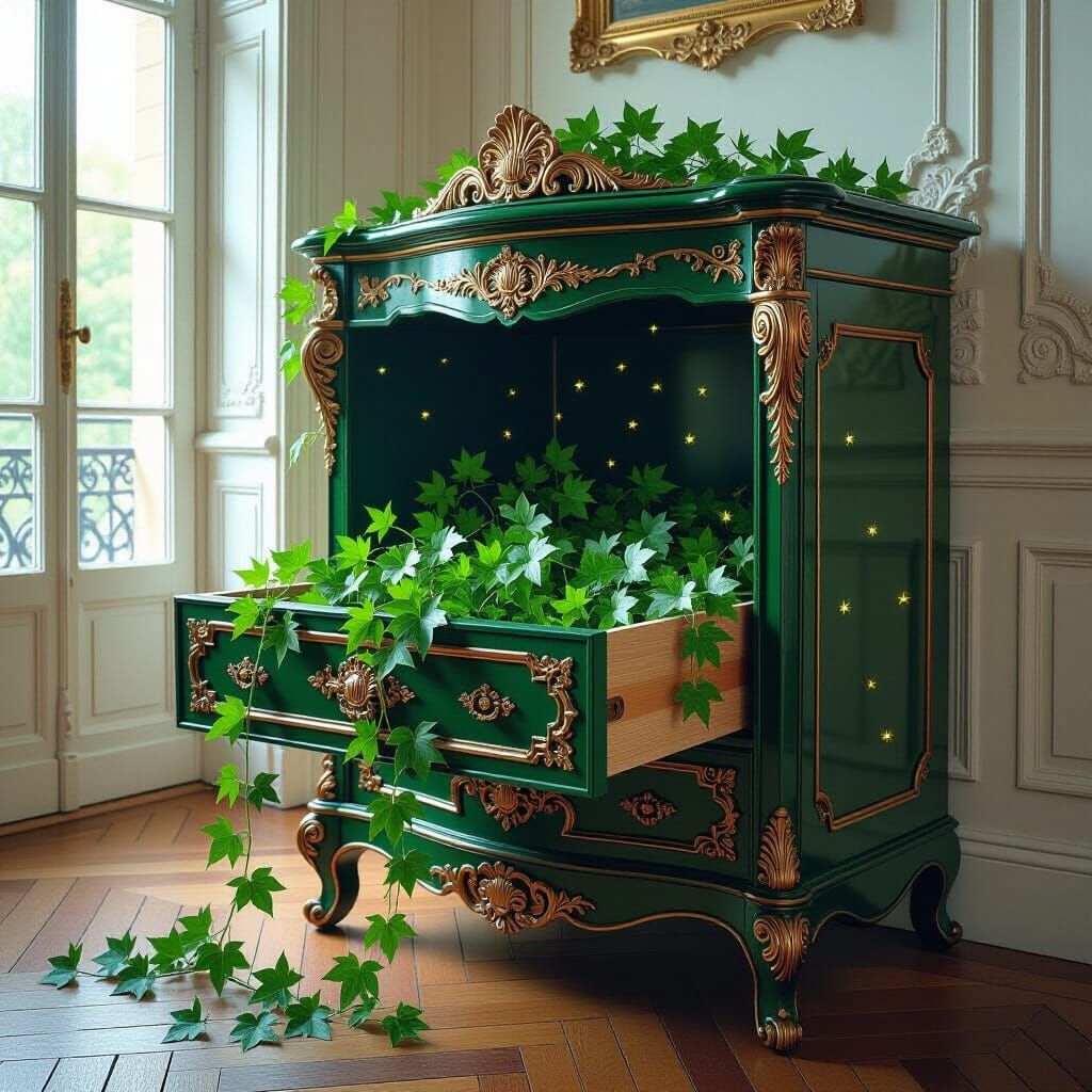 Lush Vine in Victorian Cabinet, Klimt-Inspired Art