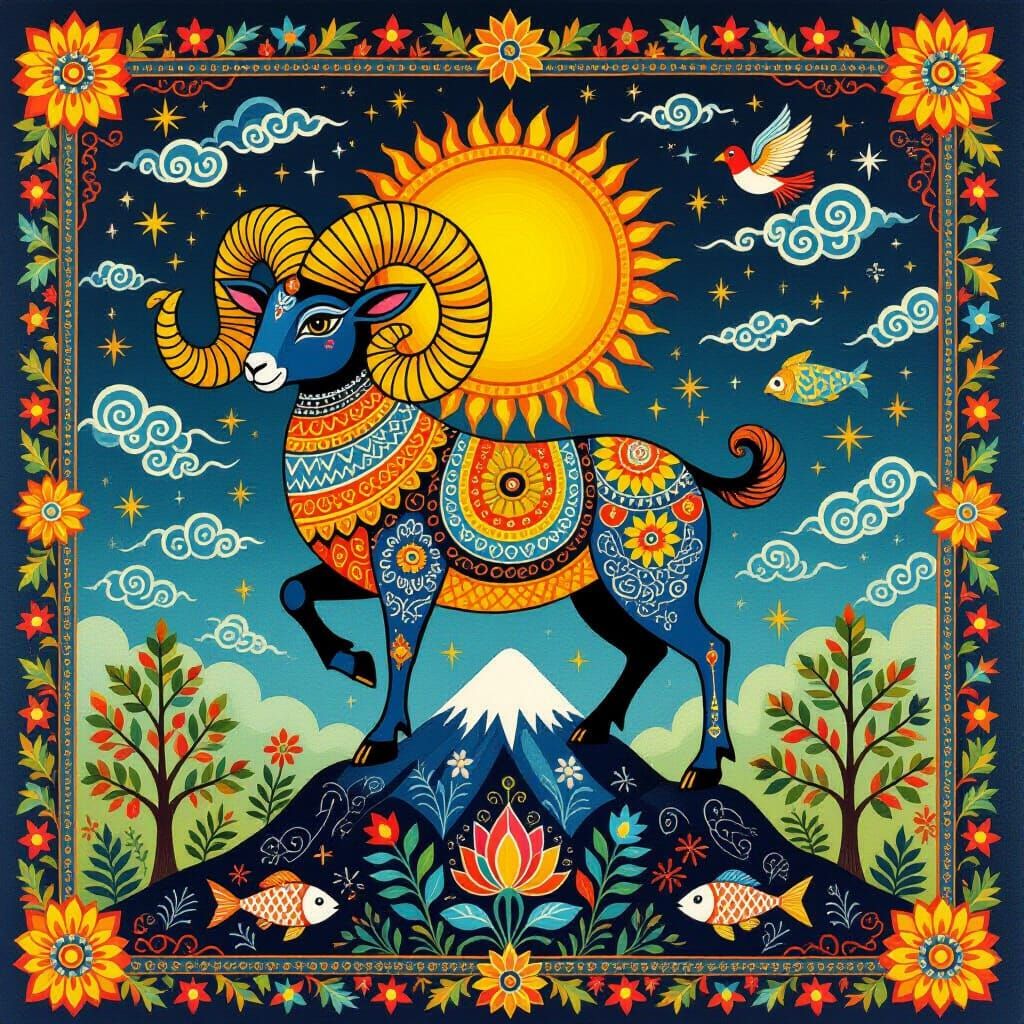 Aries Ram in Vibrant Madhubani Folk Art Style