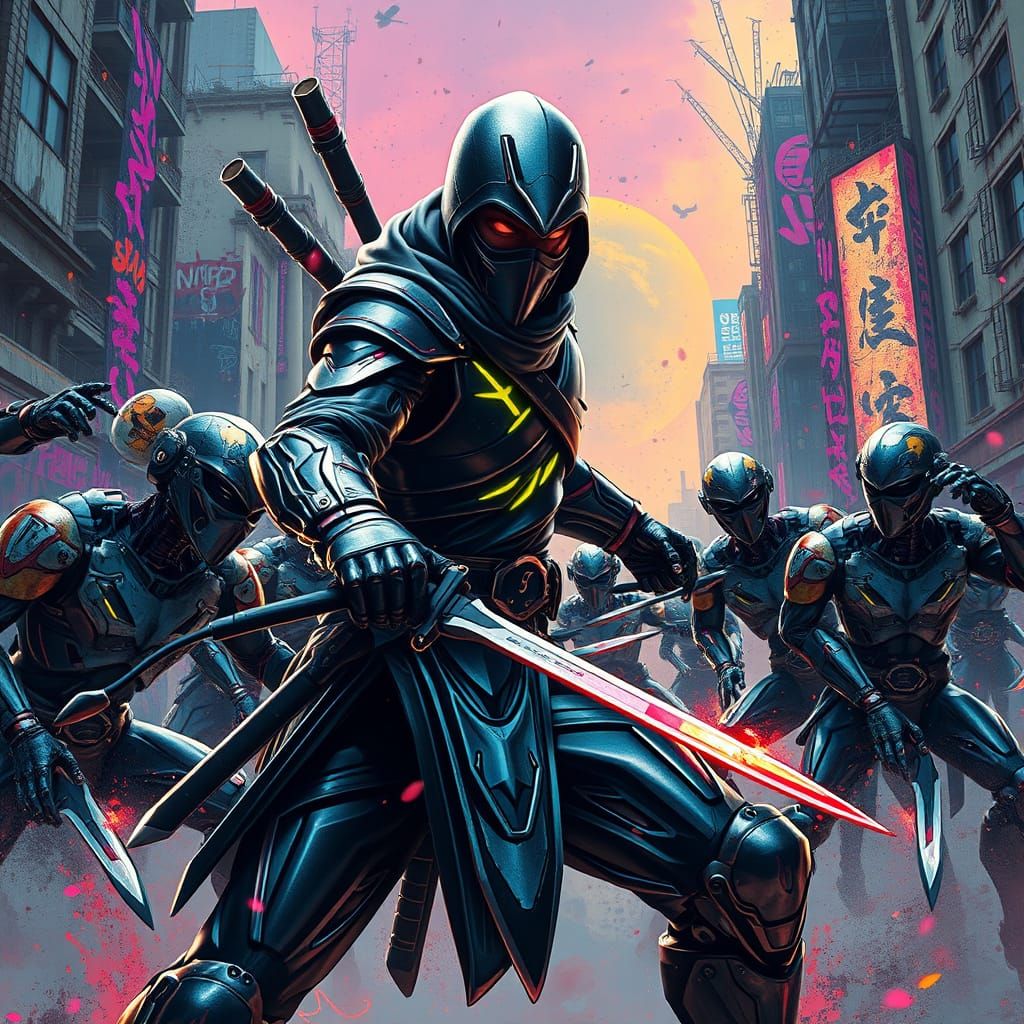 Cyberpunk Ninja Battles Dystopian Robots in Neon Cityscape