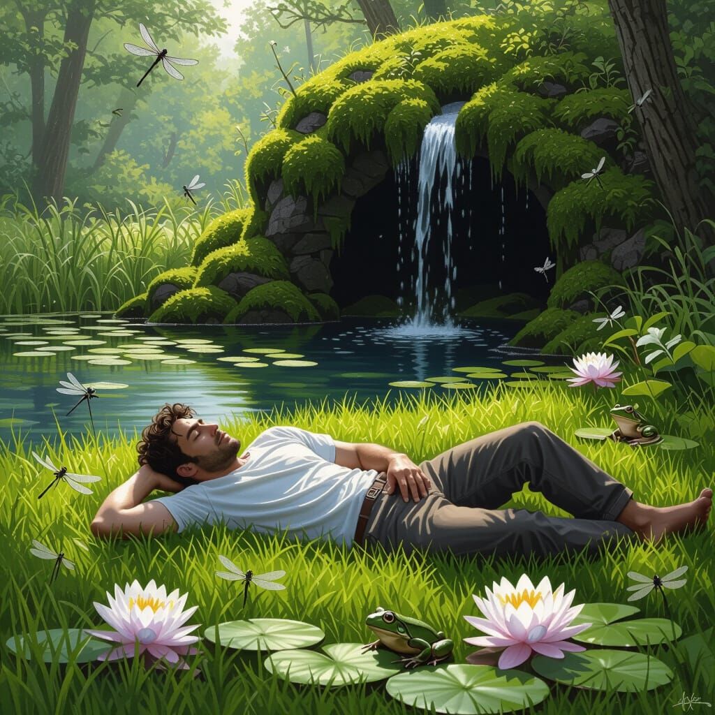 Photorealistic Man Asleep by Pond with Waterfall