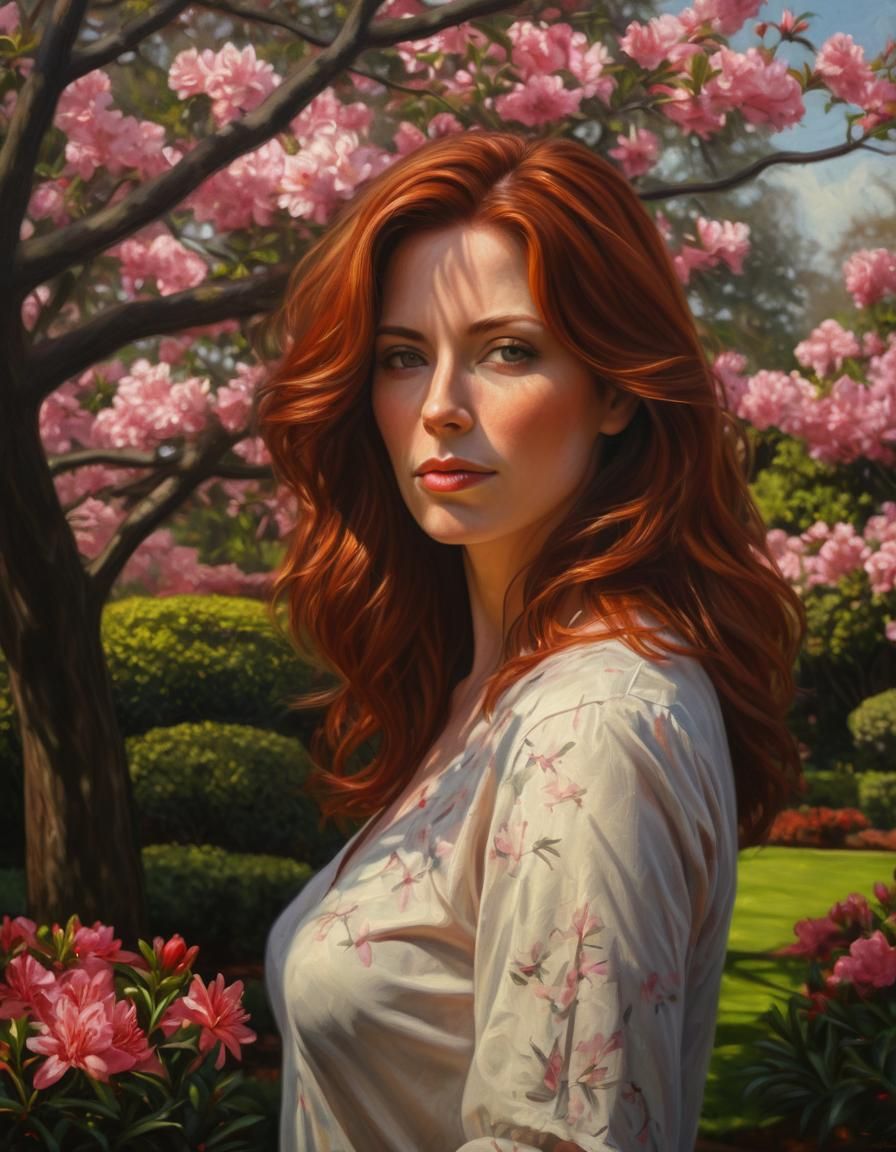 Auburn-Haired Woman in Azalea Garden: Chiaroscuro Oil Painti...