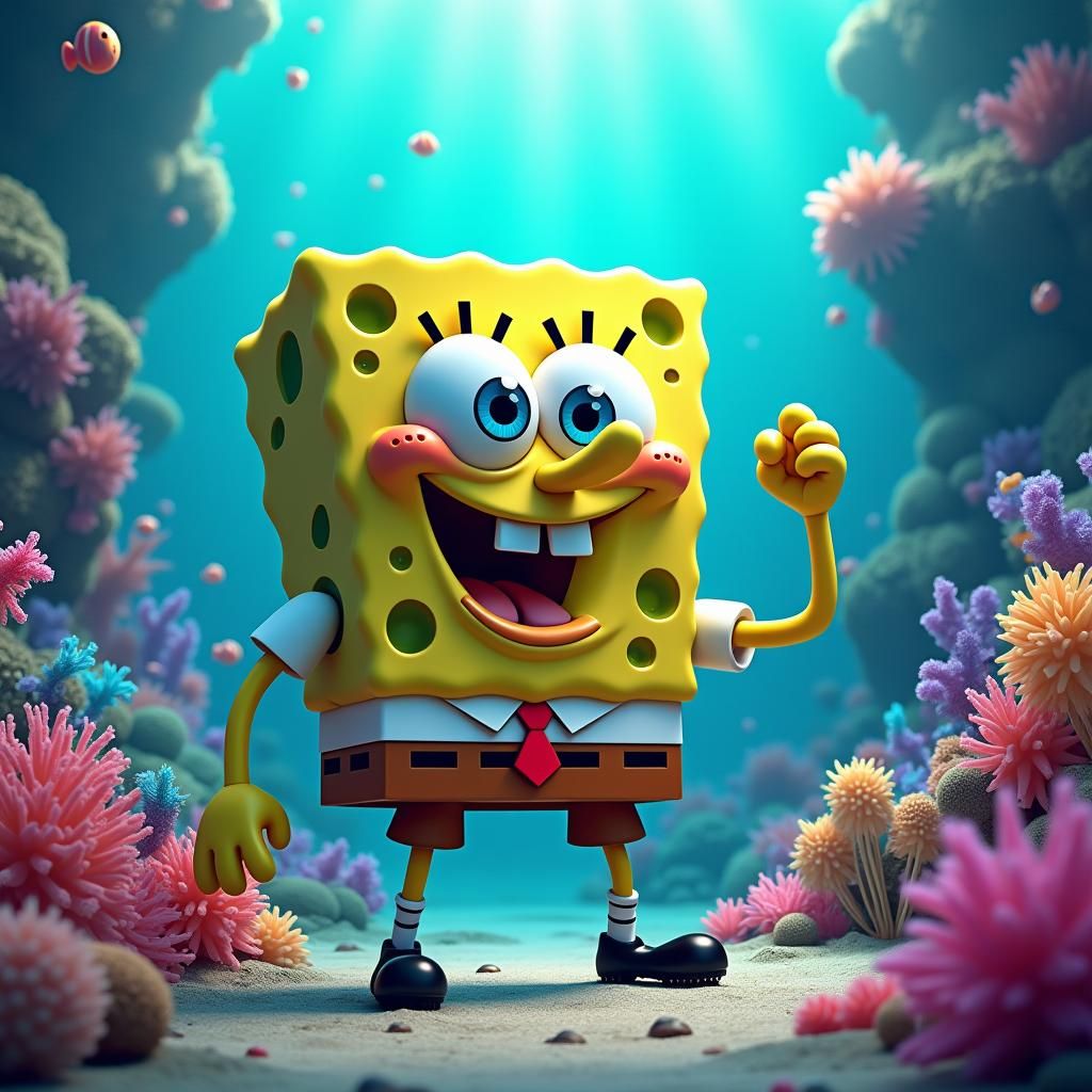 Spongebob in Dreamlike Underwater Cityscape