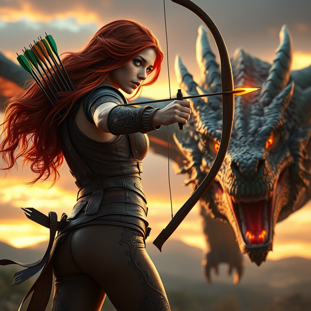 Redhead Archer Confronts Dragon in Ethereal Sunset