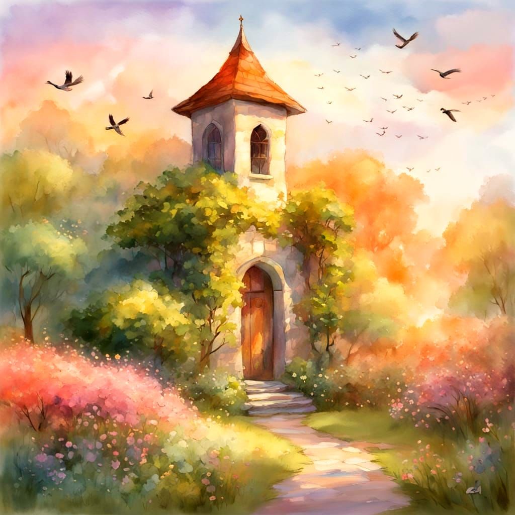 Dreamy Garden Scene with Enchanted Tower