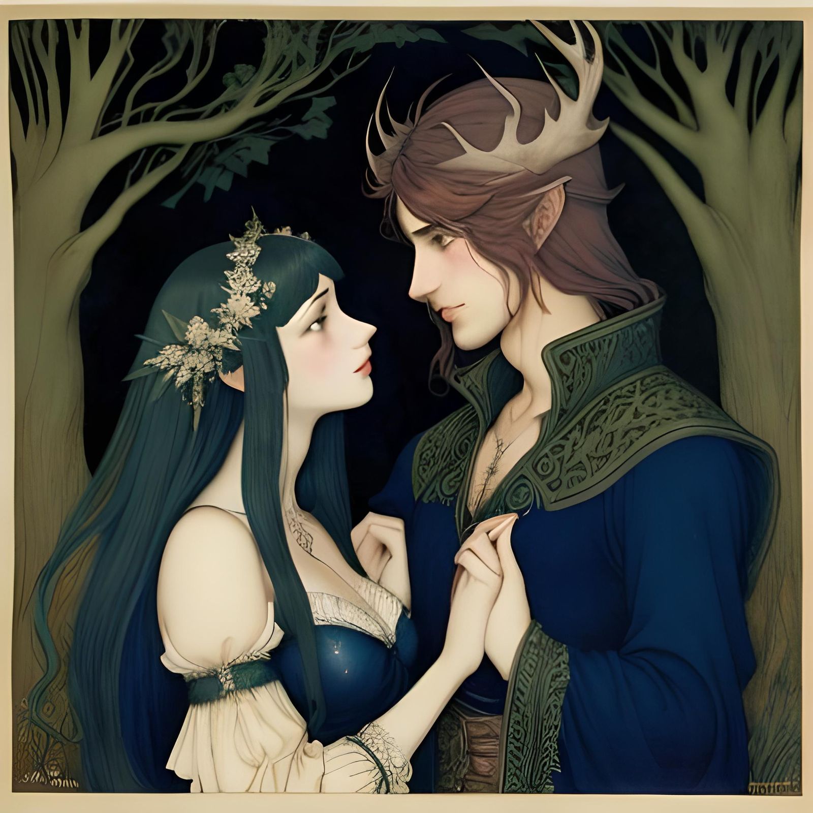 Man with Antlers Holds Girl's Face in Woods