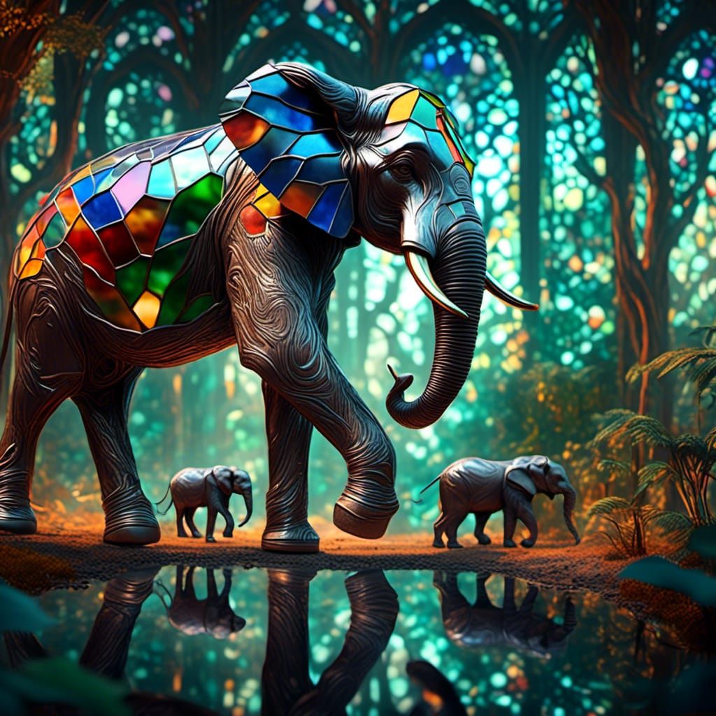 Stainless Steel Elephant in Stained Glass Jungle