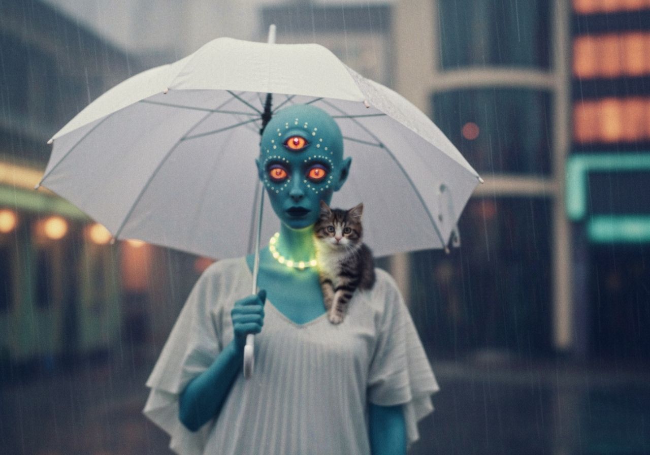 Alien Protects Kitten in Rainy Astropunk City