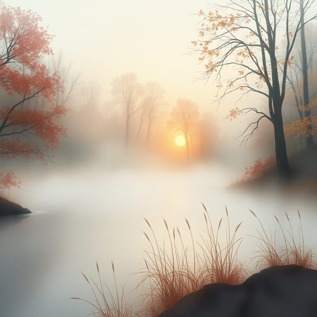 Ethereal Autumn Pond at Sunrise: Watercolor Art