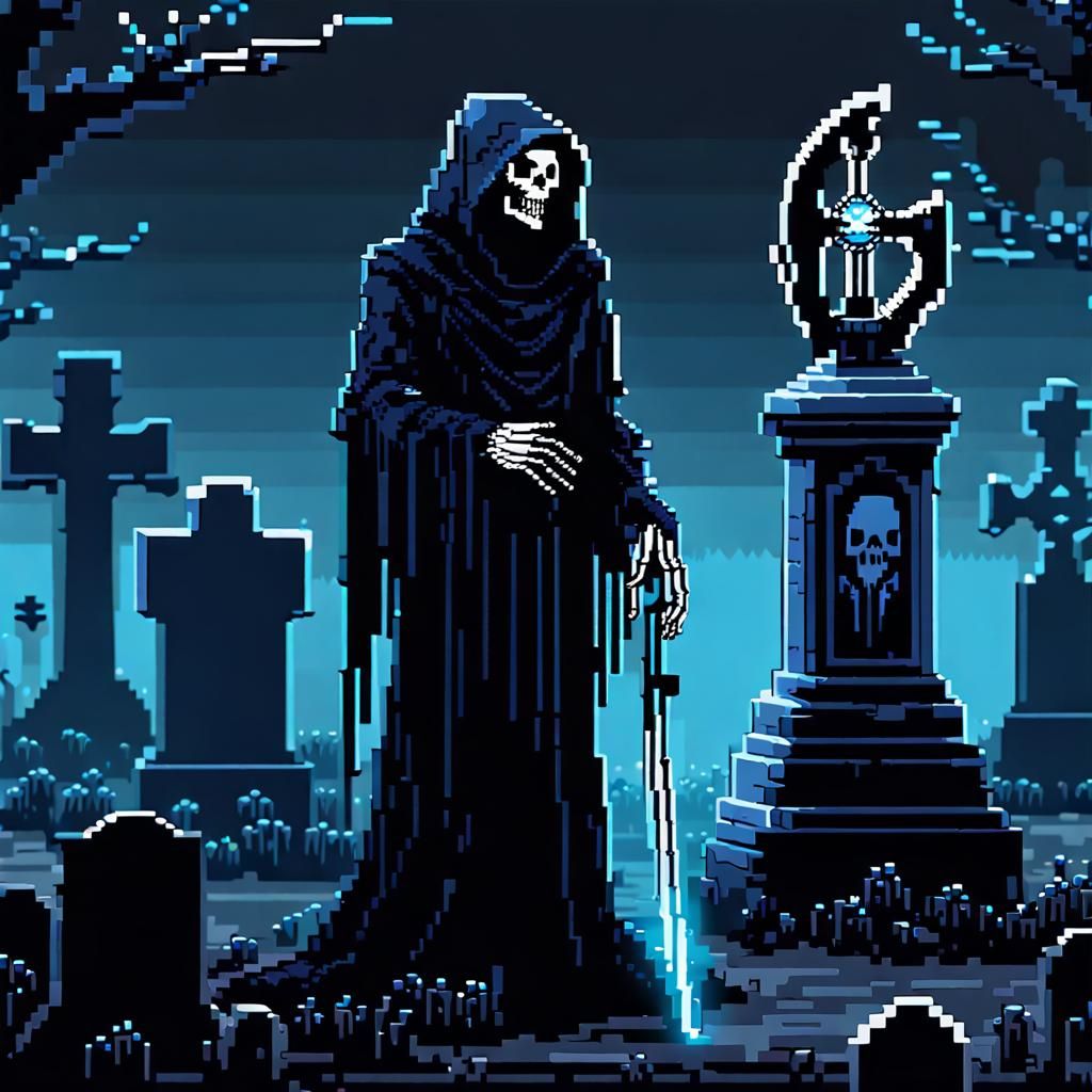 Grim Reaper in Graveyard Pixel Art