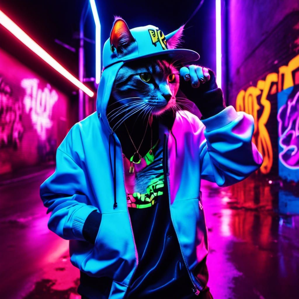Cat Rapper in Urban Streetwear with Graffiti