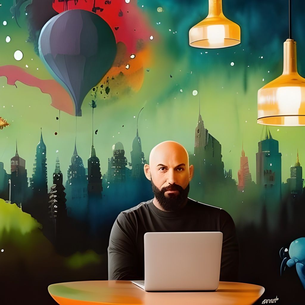 Man in Cafe with Monsters: Gouache Watercolor Art