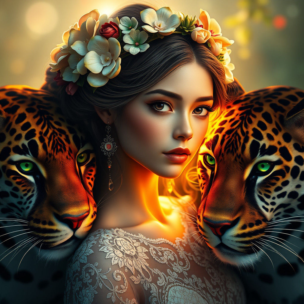 Fantasy Flower Girl Portrait with Jaguars