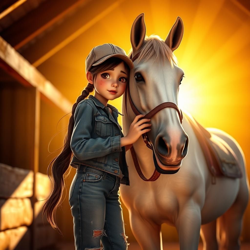 Girl and Horse in Cozy Stable, Pixar-style