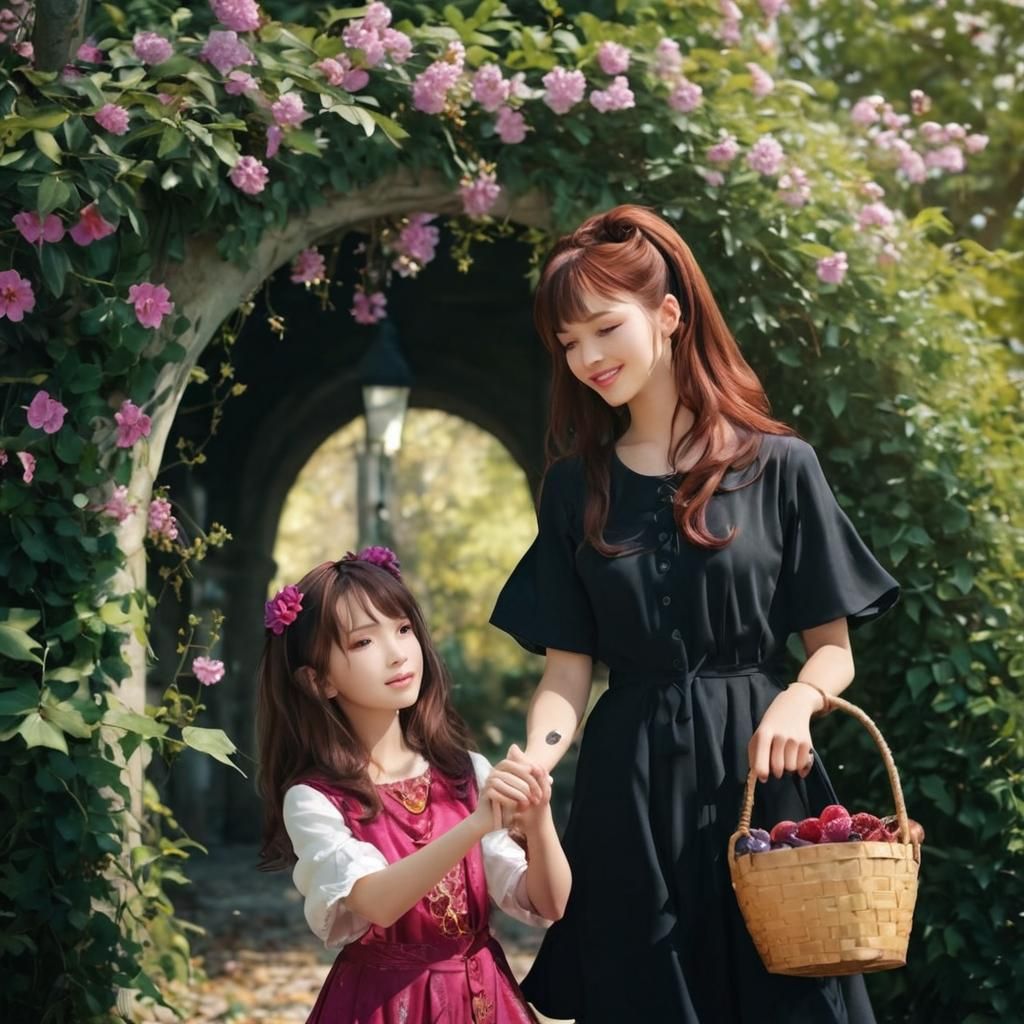 Mother and Daughter Picking Blackberries: Fine Art Illustrat...