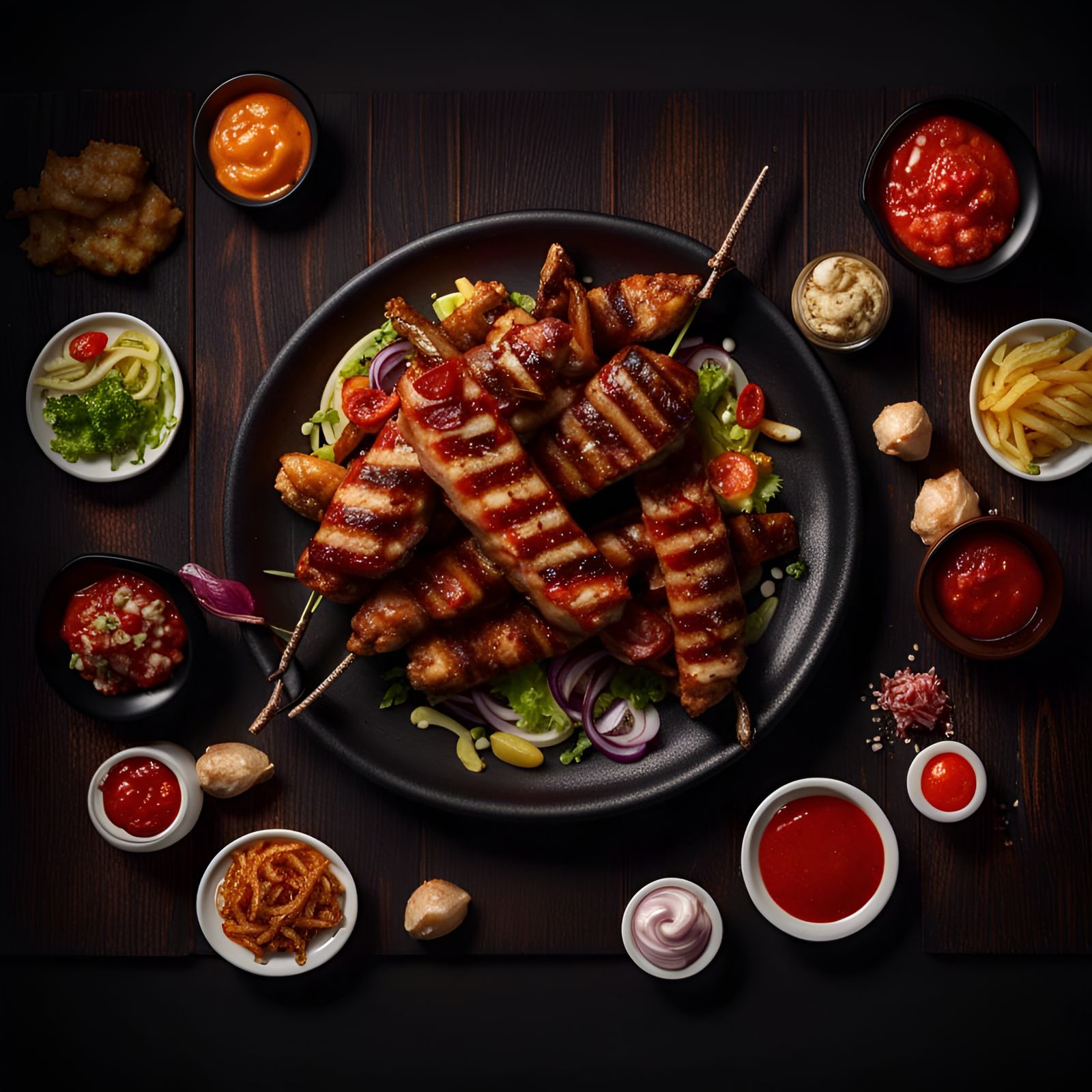 Marinaded chicken kebab with french fries, spicy BBQ, ketchup, dressings and vegetable