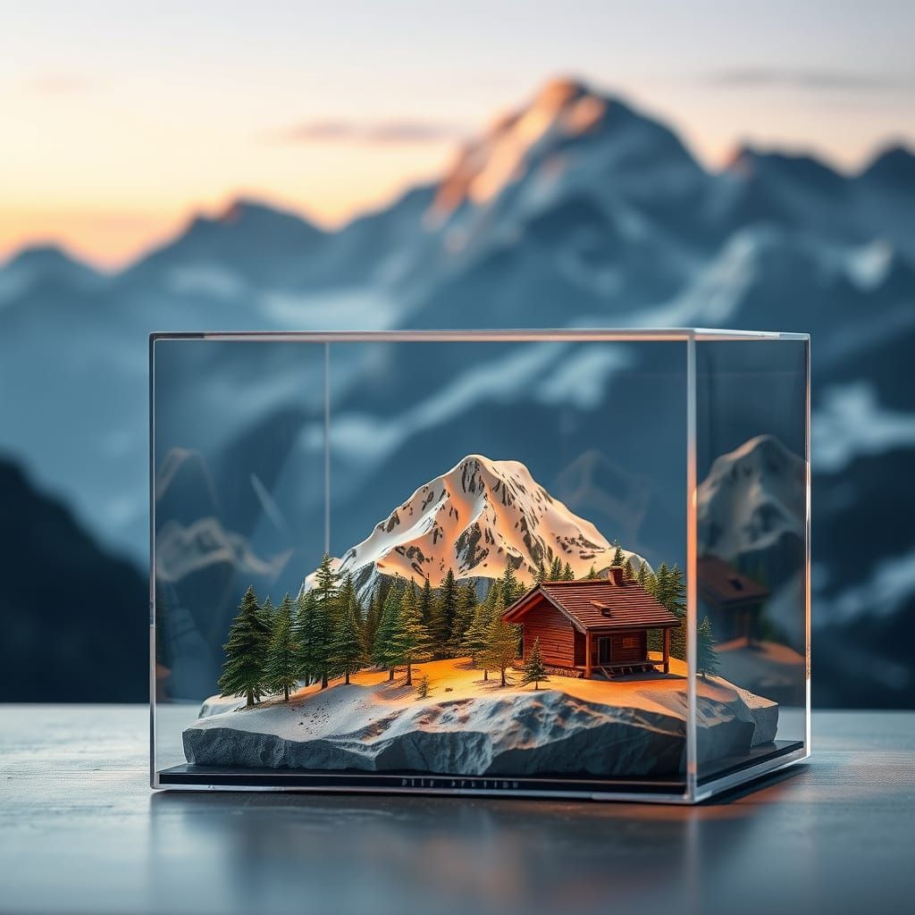 Miniature Alps in Glass Box with Neon Glow