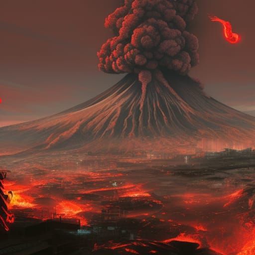 Volcano Towers Over Ruined Cityscape, Manga Art Style