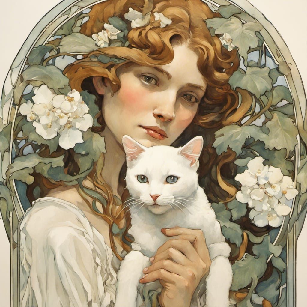 Art Nouveau Portrait of Woman with Cat in Gouache Style