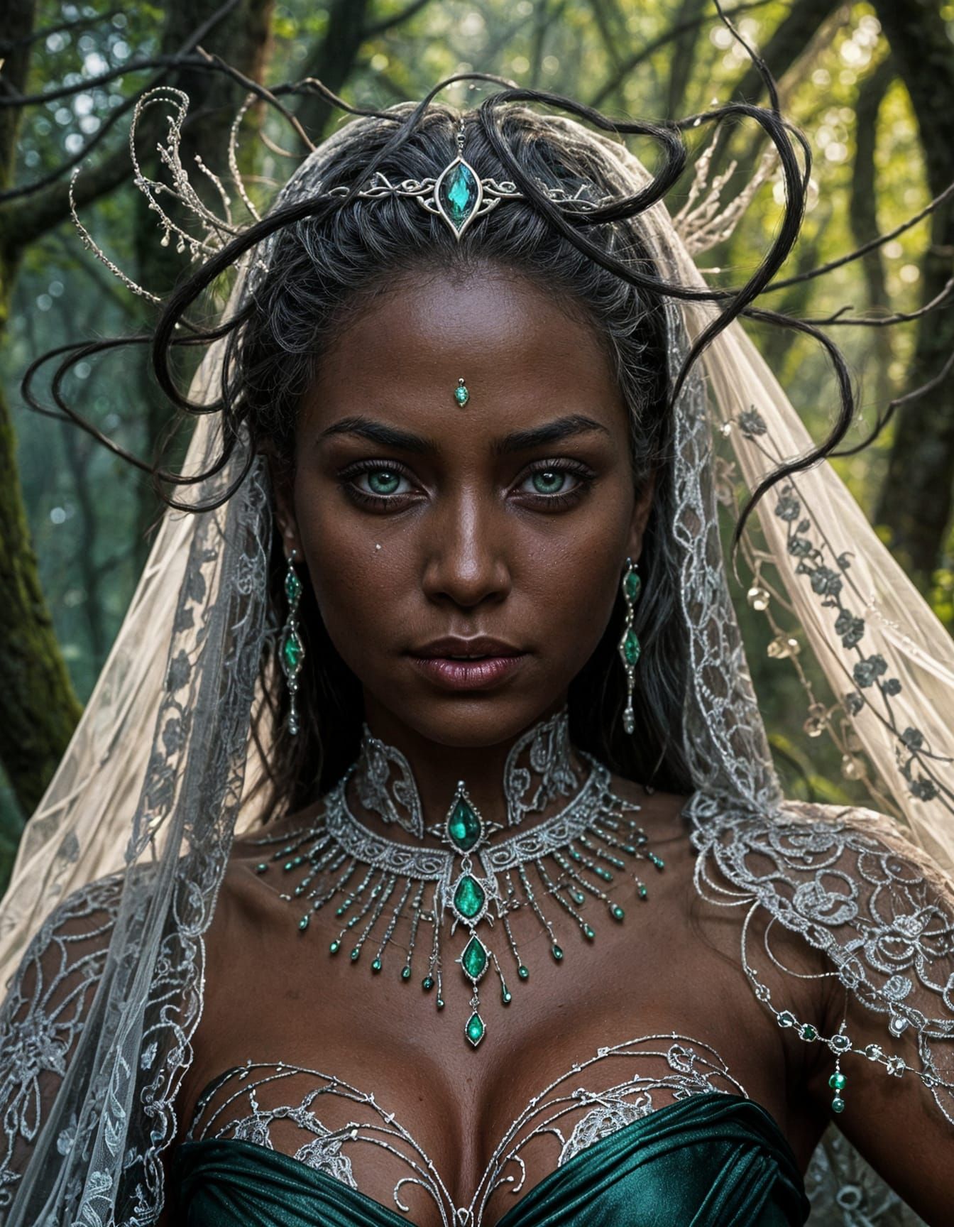 Enchantress in Mystical Reverie with Piercing Emerald Eyes