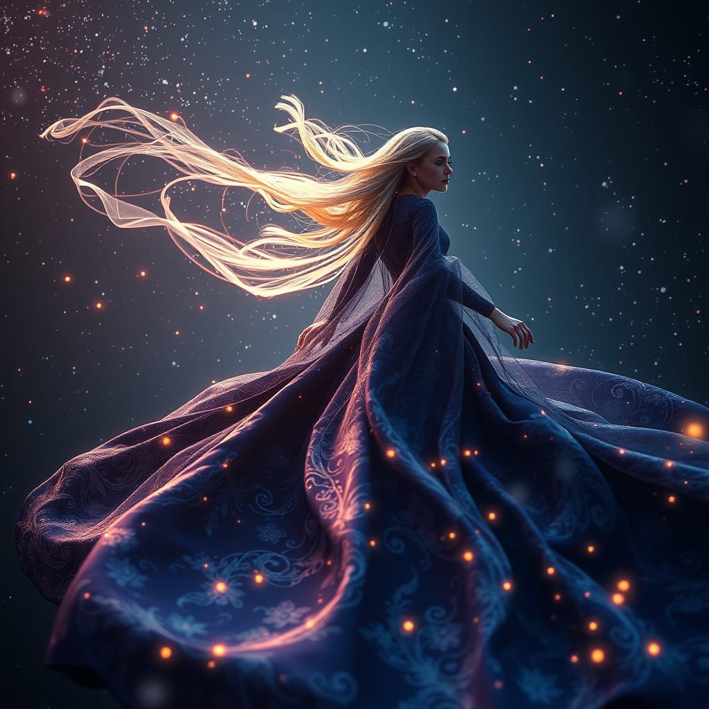 Woman Enveloped in Midnight Celestial Gown with Starlight Au...