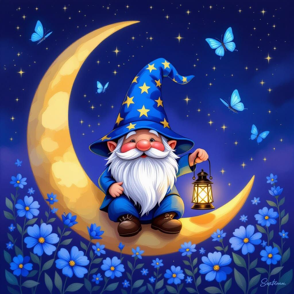 Whimsical Gnome on Moon with Lantern, Airbrush Painting