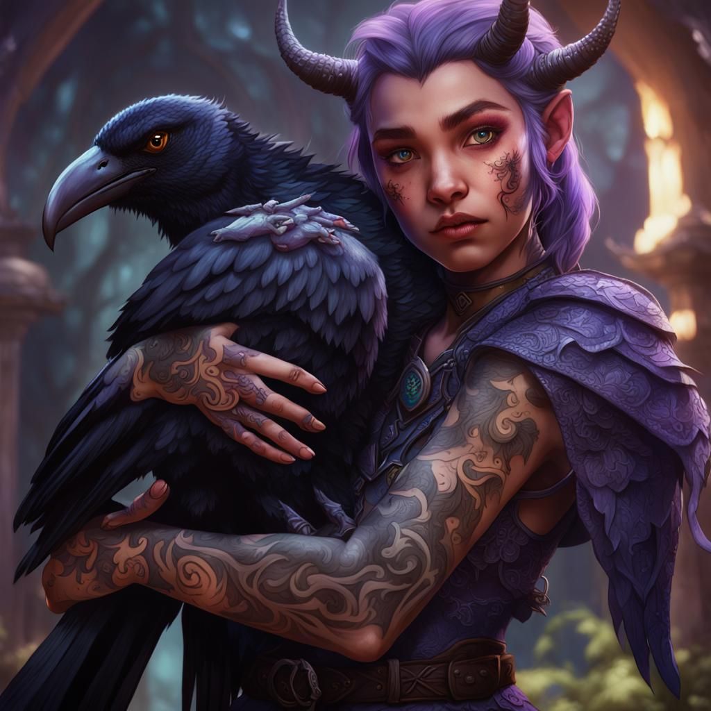 Tiefling Fighter Hugging Grackle, Detailed Matte Painting