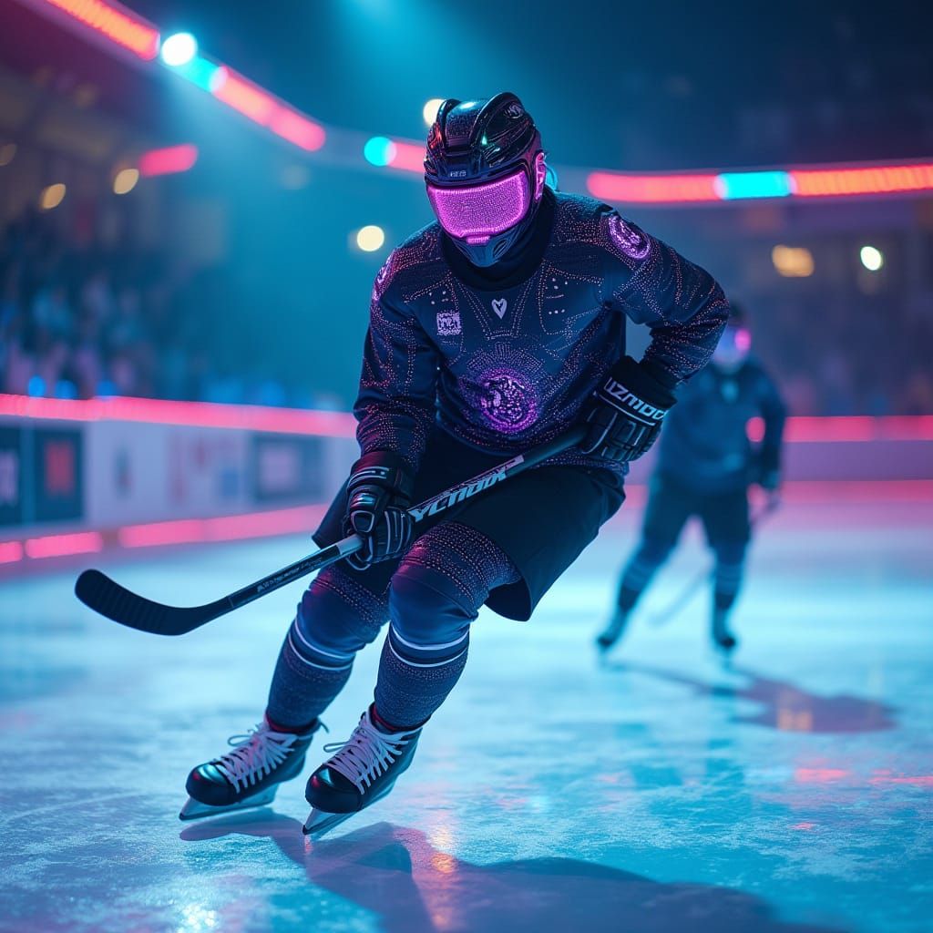 Futuristic Hockey Goalie in Cyberpunk Arena