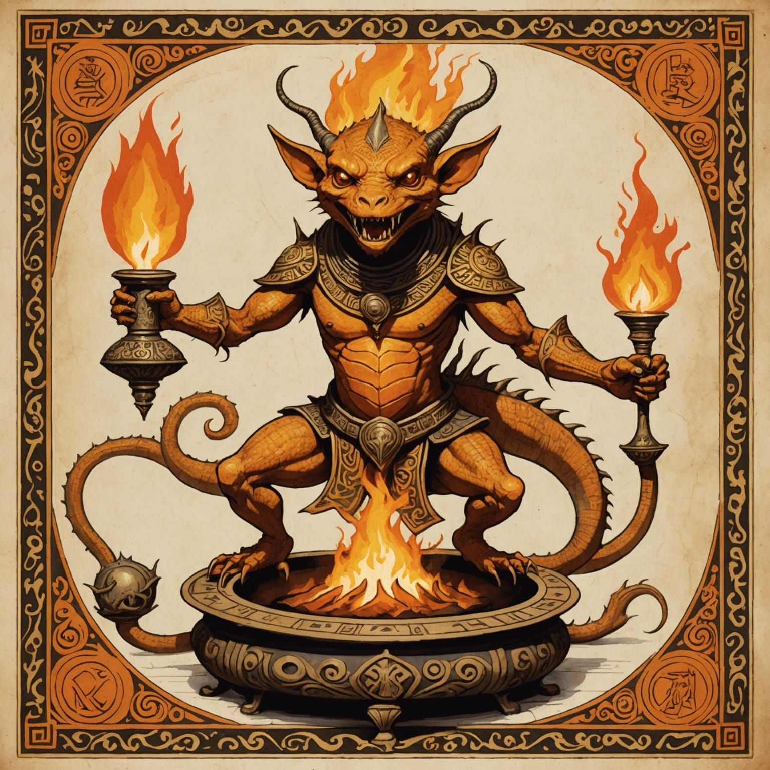 Goblin Summons Flame Elemental in Bestiary Illustration
