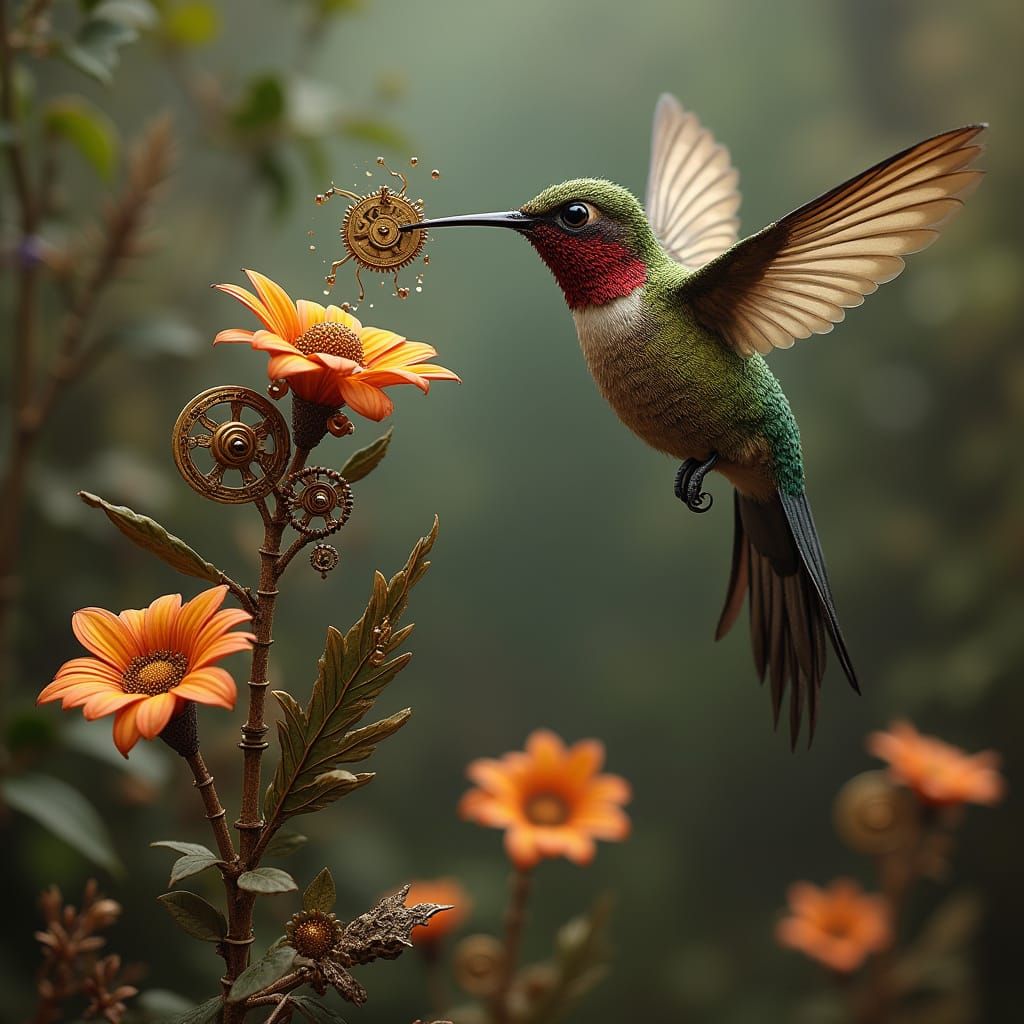 Steampunk Hummingbird Sips Nectar in Victorian Garden