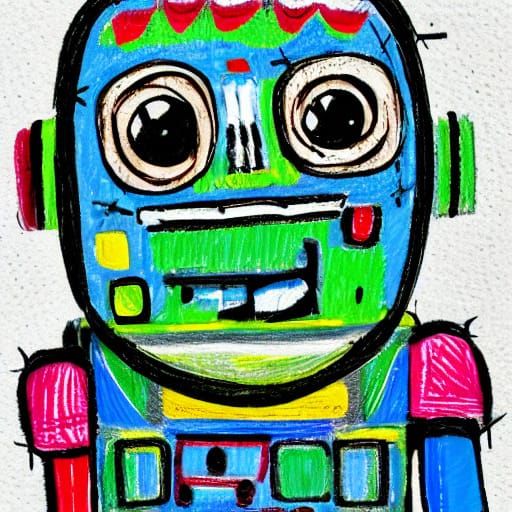 Colorful Crayon Robot in Naive Art Style