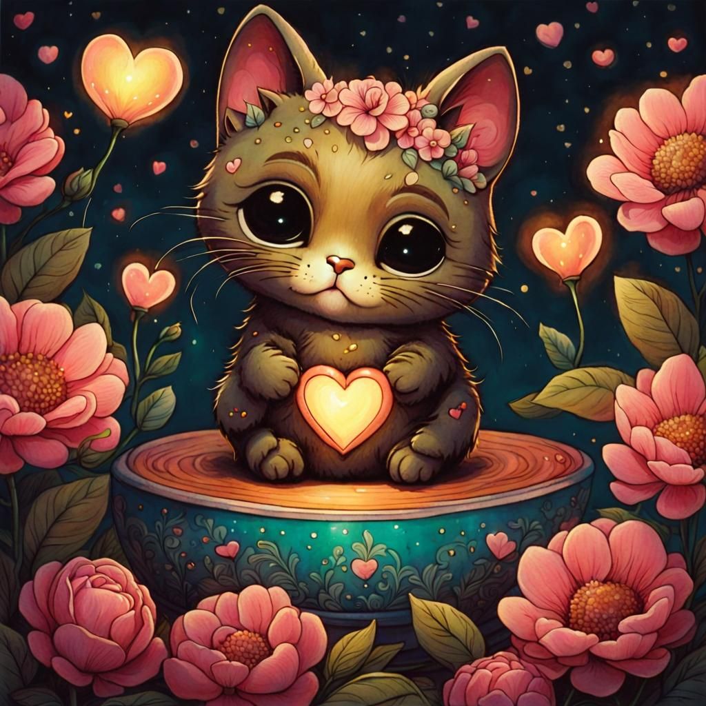 Cute Cat with Flowers in Whimsical Style