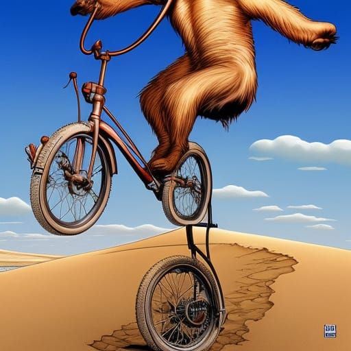 Polar Bear Unicyclist in Desert, Comic Book Art